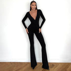 2025 Women Autumn Black Long Sleeve V Neck Jumpsuits Streetwear Bodycon Sexy Sporty Casual Rompers Fashion Overall Body Tops
