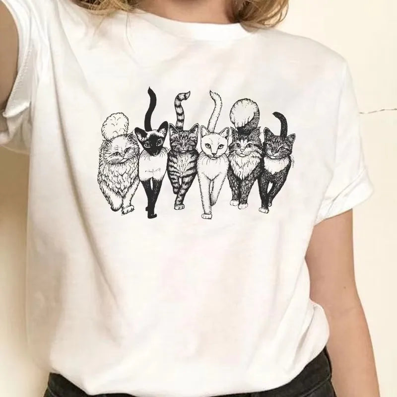 Cat Gang Drawing Women T Shirt Female Summer Casual Funny Graphic Tee Vintage Fashion Cute Aesthetic T-shirt Female