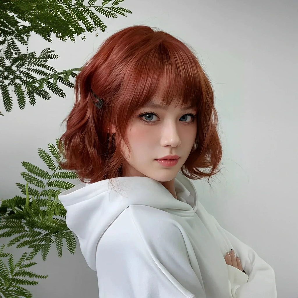Allbell Magique Short Wavy Wig Bob Curly Wig With Bangs Dirty Orange Lolita Wigs Natural Synthetic Wig For Woman Heat Resistant