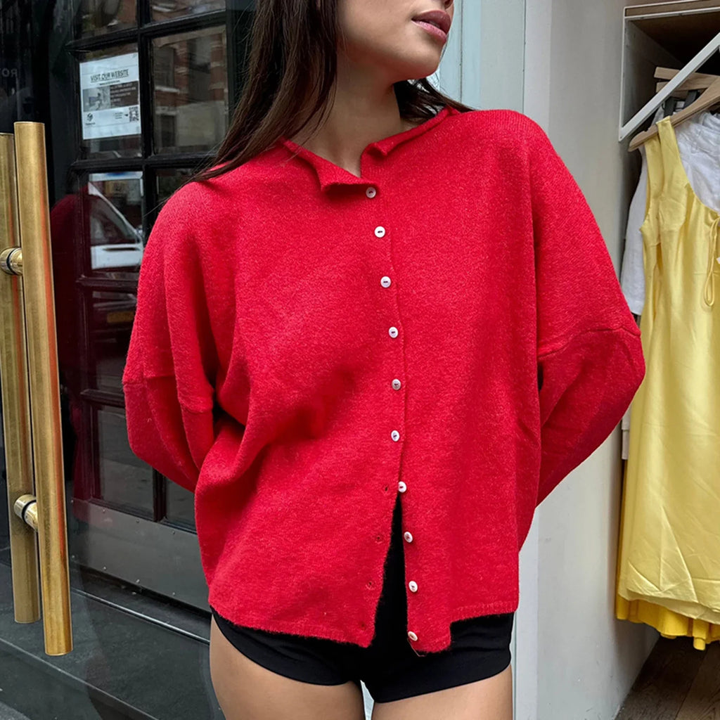 Combhasaki Women's Y2K Chic Solid Color Knitwear Cardigan Fuzzy Long Sleeve Button-down Front Closure Loose Fit Basic Sweaters