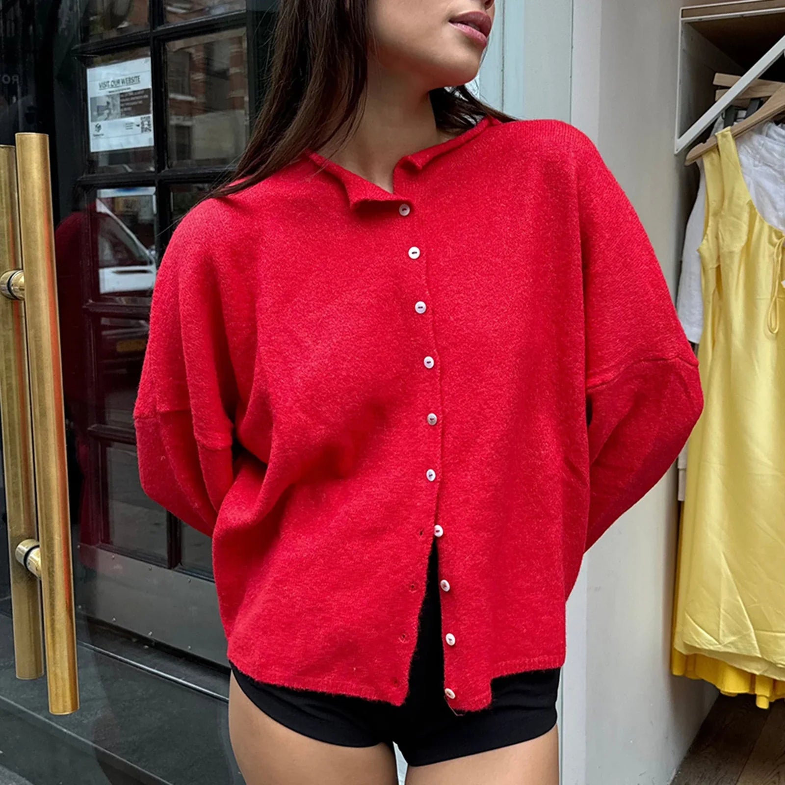 Combhasaki Women's Y2K Chic Solid Color Knitwear Cardigan Fuzzy Long Sleeve Button-down Front Closure Loose Fit Basic Sweaters