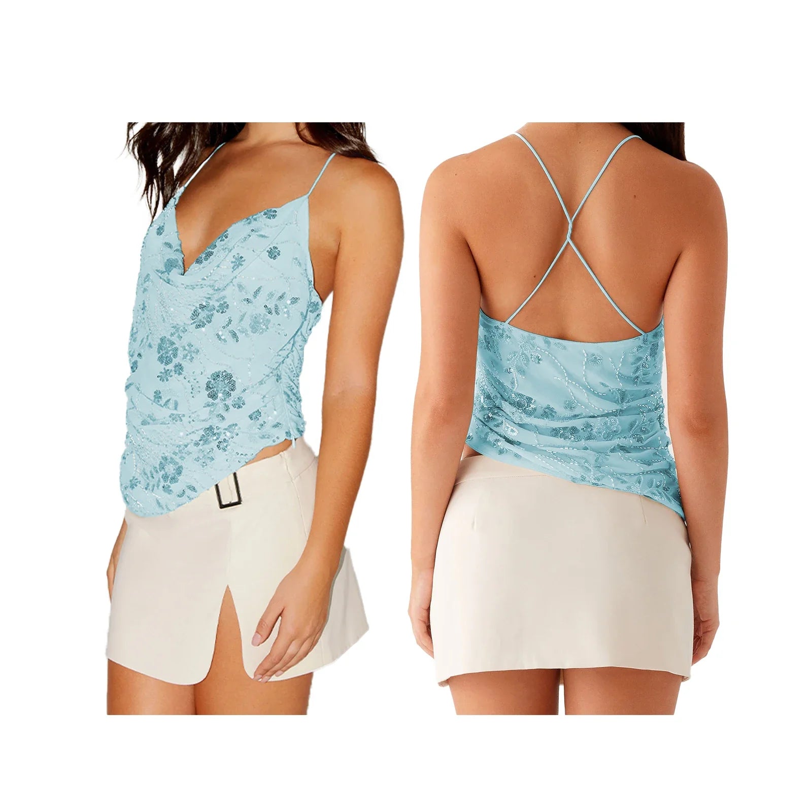 Combhasaki Women Summer Sleeveless Beading Camis Top V-neck Tie-up Cross Backless Pearl Glitter Sequin Flower Embroideried Vest