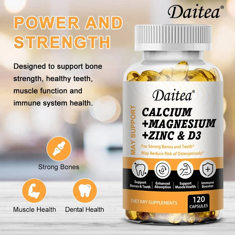 Daitea Calcium Magnesium Zinc Capsules Vitamin D3 helps support bones, teeth, heart, and enhance immune system function.