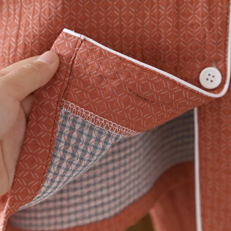 2025 New Japanese Spring/Summer Couple Pajama Set 100% Cotton Crepe Short Sleeve and Long Pants Two Piece Home Suit Thin Style