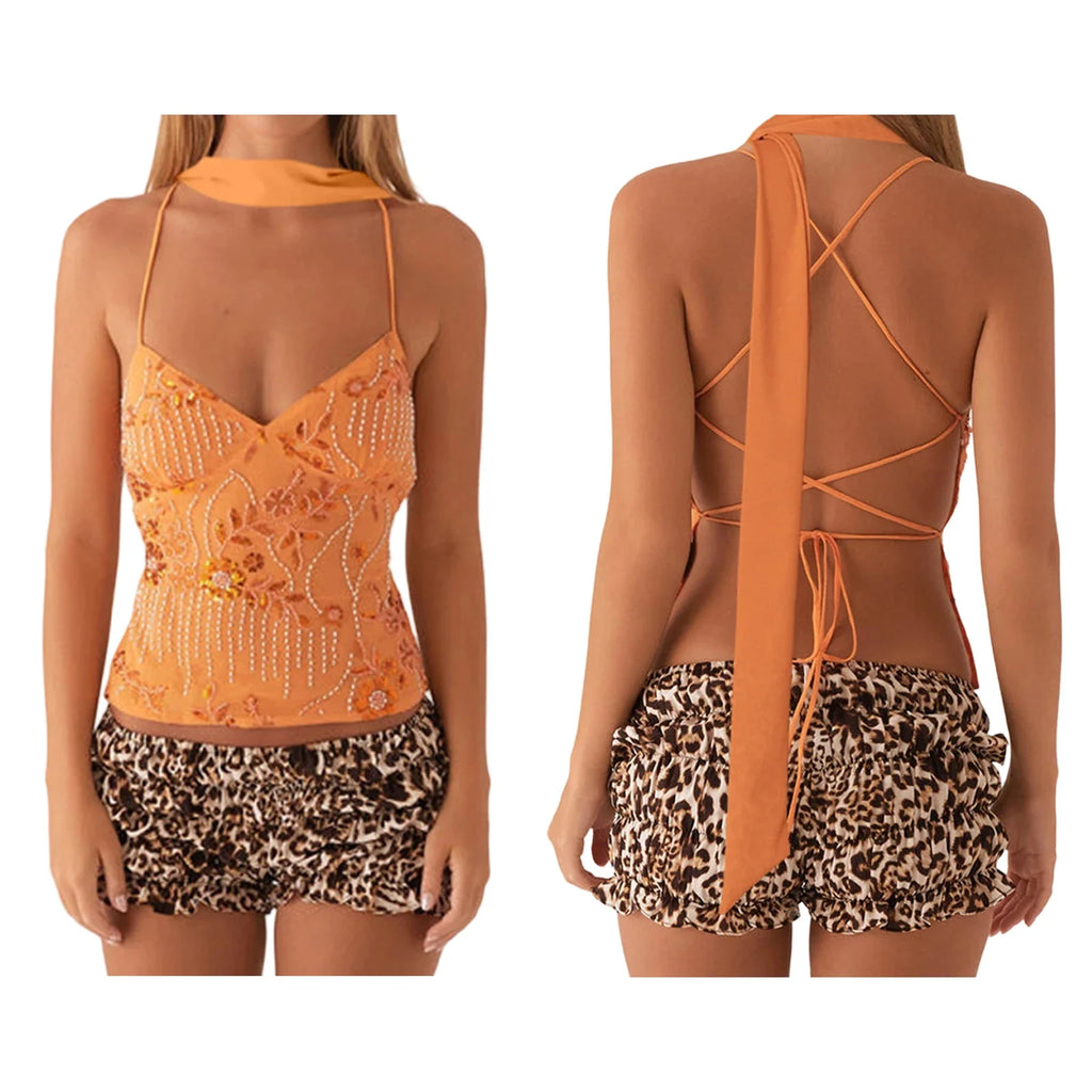 Combhasaki Women Summer Sleeveless Beading Camis Top V-neck Tie-up Cross Backless Pearl Glitter Sequin Flower Embroideried Vest