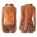 Combhasaki Women Summer Sleeveless Beading Camis Top V-neck Tie-up Cross Backless Pearl Glitter Sequin Flower Embroideried Vest