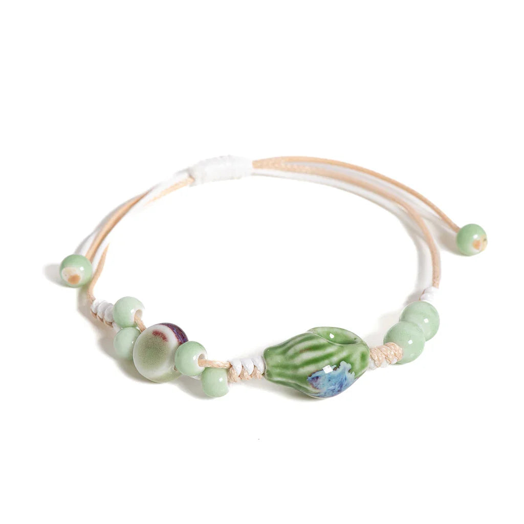 Ethnic Boho Handmade Ceramic Seashell Bracelet Adjustable Woven Vintage Jewelry Gift for Women S02-034