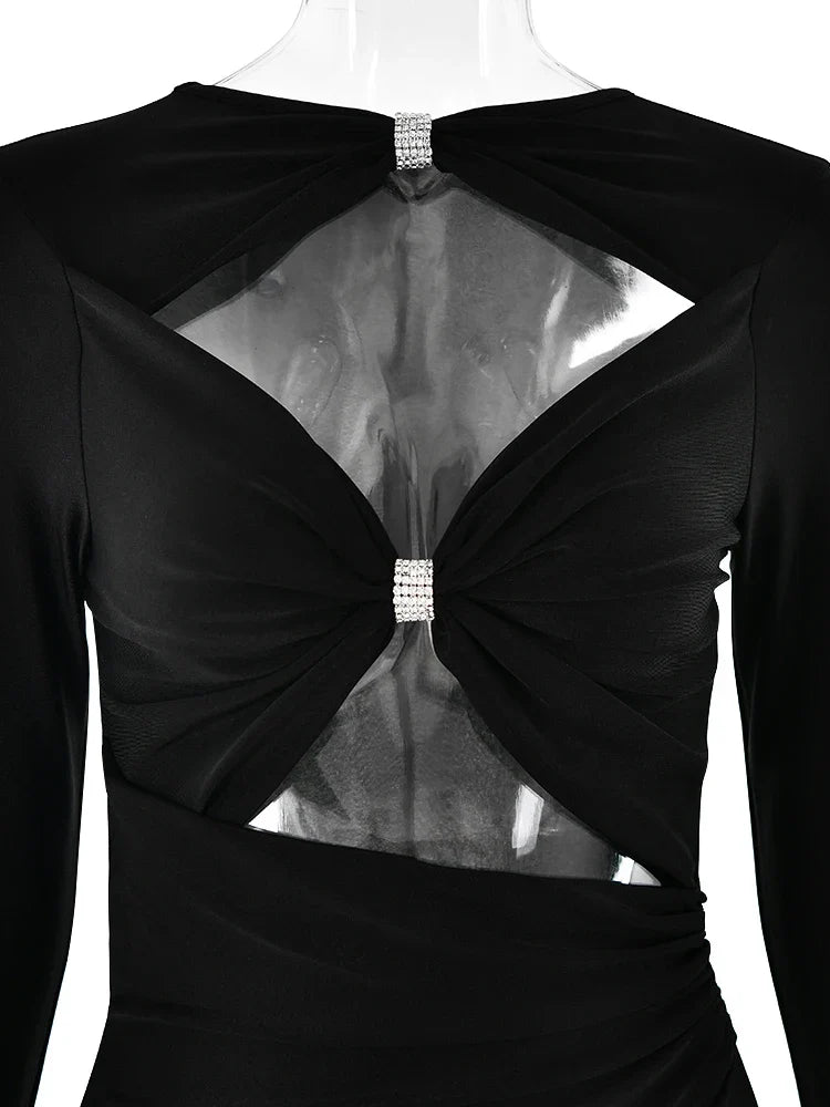 Articat Sexy Hollow Out Long Sleeved Elastic Tight Dress Women Pleats Double Layered Female Vestidos Elegant Party Evening Dress