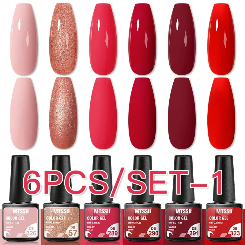 6PCS/SET Glitter Bright Pink Peach Gel Nail Polish Kit Spring Colorful Semi Permanent Soak Off Art UV Gel Varnish For Manicure