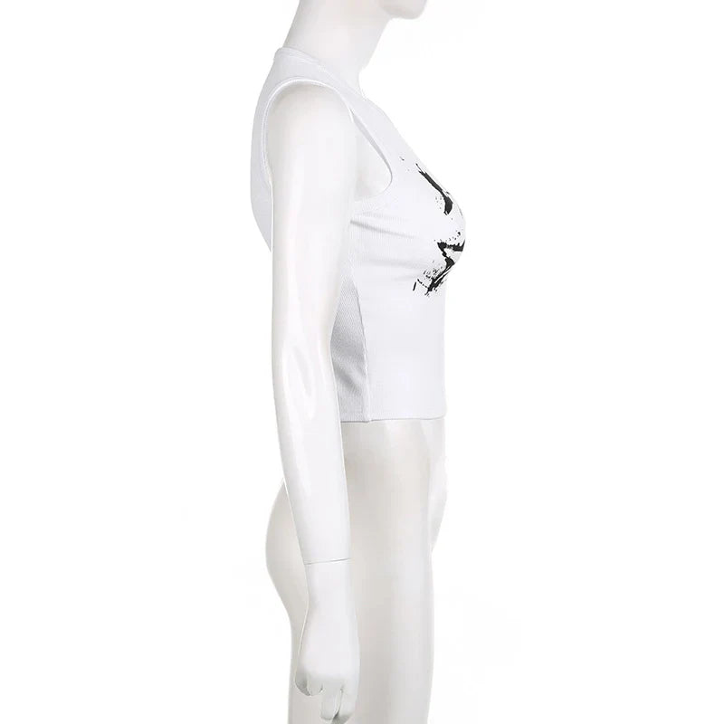 Guitar Print Sleeveless Tank Top Y2K Casual Ribbed Women Grunge Crop Top Harajuku Fashion Vest Tee 90s Street Outfits