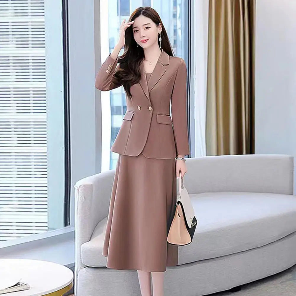 2Pcs/Set Summer Women Suit Dress Outfit  Solid Color Mid-length Lady Dress Sets Light Luxury Commute Sling Dress Coat Set