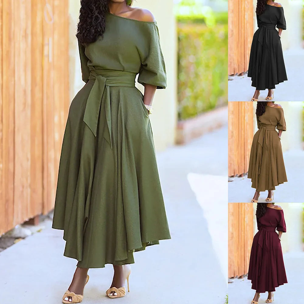 Elegant Women's Spring/Summer Fashion Green Diagonal Neck Middle Sleeve Casual Dress Women's Casual Retro Long Dress s-3XL