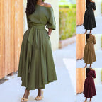 Elegant Women's Spring/Summer Fashion Green Diagonal Neck Middle Sleeve Casual Dress Women's Casual Retro Long Dress s-3XL
