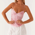 Combhasaki Women Summer Sleeveless Beading Camis Top V-neck Tie-up Cross Backless Pearl Glitter Sequin Flower Embroideried Vest