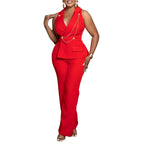 Elegant Blazer Jumpsuits Summer Clothes Women Sleeveless V-Neck Straight Pants Rompers Playsuits OL Style One Pieces Overalls