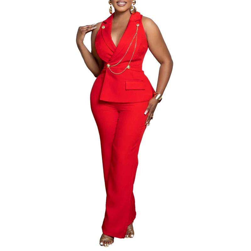 Elegant Blazer Jumpsuits Summer Clothes Women Sleeveless V-Neck Straight Pants Rompers Playsuits OL Style One Pieces Overalls