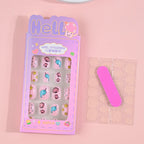 24Pcs Children Cartoon Nail Tips Colorful Cute Rabbit Pink Stars 6-14 Years old Girl Fake Nail With Jelly Glue Kids False Nail
