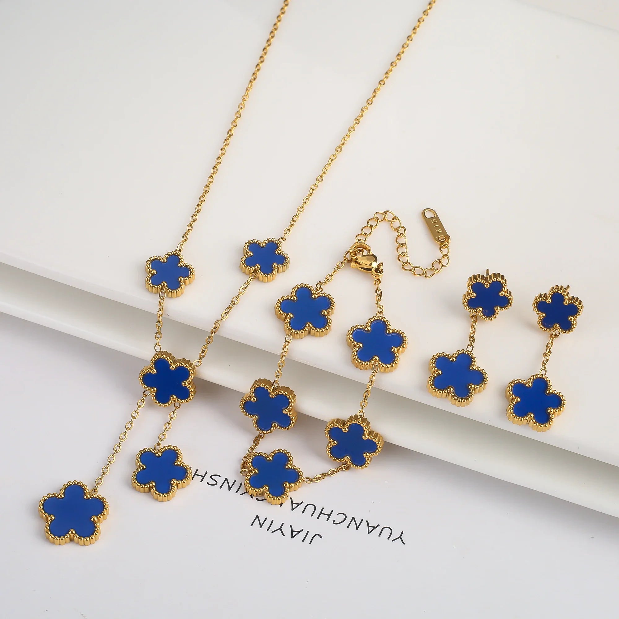 3Pcs Stainless Steel Hot Selling Gold Plated Clover Necklace Earrings Bracelet Jewelry Set Five Leaf Flower Jewelry For Women