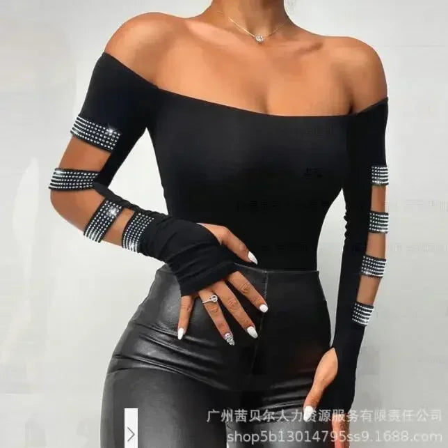 Contrast Lace Long Sleeve Cold Shoulder Bodysuit Women Top Romper Solid Color Fashion Sexy Slim Skinny Bodysuits