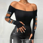 Contrast Lace Long Sleeve Cold Shoulder Bodysuit Women Top Romper Solid Color Fashion Sexy Slim Skinny Bodysuits