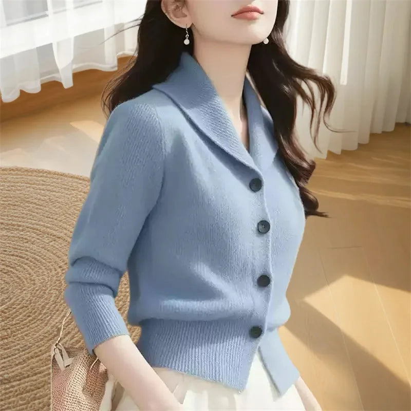 2025 New Spring Autumn Turndown Collar High End Women Knitt Cardigan Sweater Fashion Korean Version Female Knitwear Tops Jacket