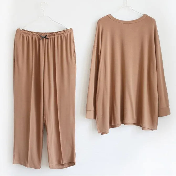 150KG Extra Large Size Loose Pajamas Women Solid Long-sleeved V-neck Two-piece Set Spring Casual Loungewear Can Be Worn Outside