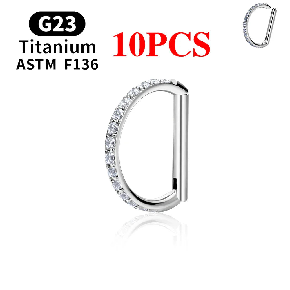 1/10PCS F136 G23 Titanium Piercing Nose Ring D Shape Hinged Segment CZ 16G Clicke Cartilage Tragus Helix Earrings Body Jewelry
