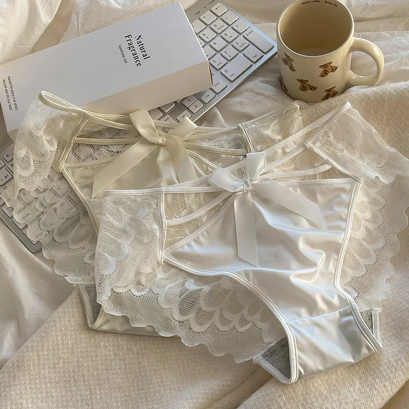 5Pcs Silk underwear, Women's intimate  sexy lovely soft ﻿comfortable bowknot silk  light  thin triangular pants lace splicing