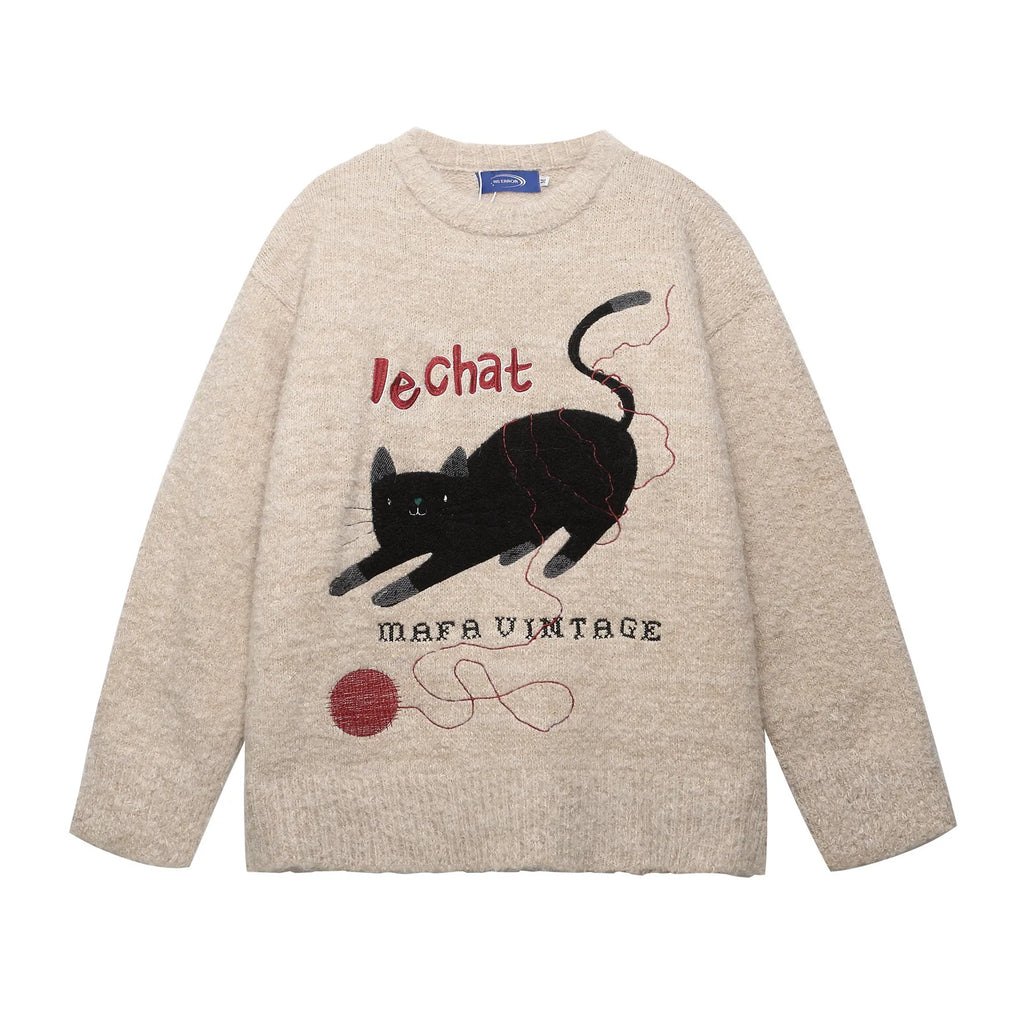 2025 Autumn and winter men's and women's American retro fun cute cat jacquard knitted sweater loose and lazy couple's top
