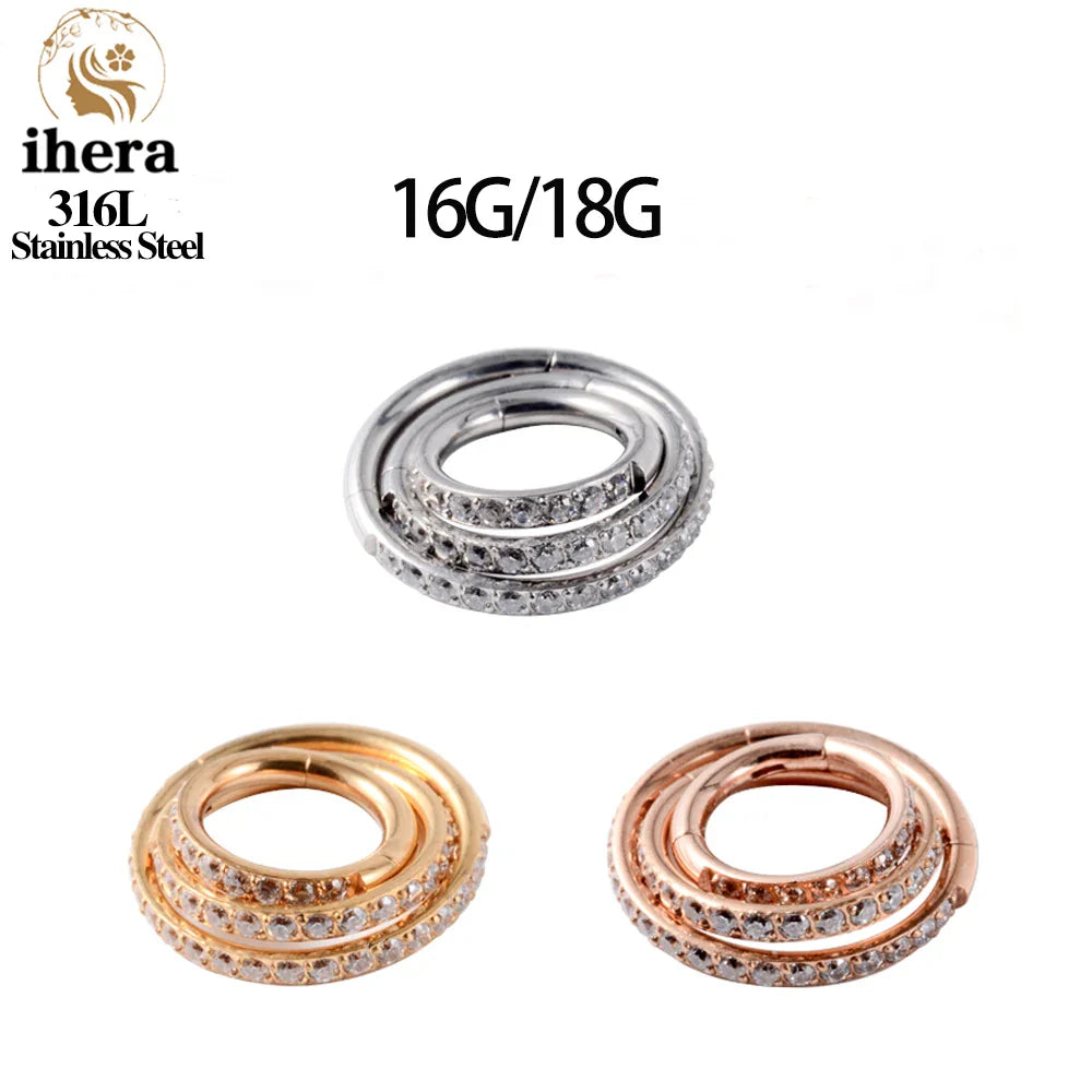 316L Stainless Steel Zircon CZ Hinged Segment Nose Septum Clicker Ring Round Earrings Hoops Ear Tragus Helix Piercing Jewelry