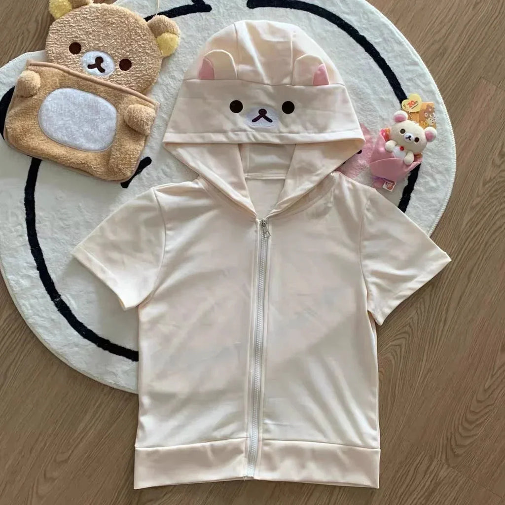 Cute Cartoon Hoodie Rilakkumaed Zip-up Hoodie Teddy Bear Ears Long Sleeve Jacket Fashion Women's Casual Cardigan Cotton Clothing