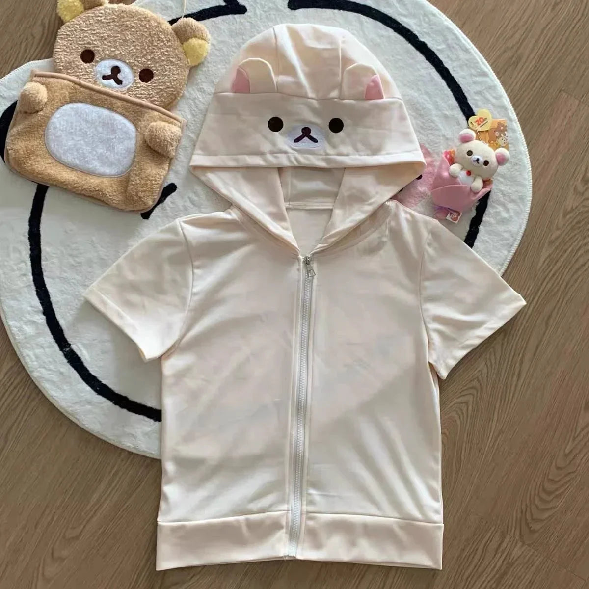 Cute Cartoon Hoodie Rilakkumaed Zip-up Hoodie Teddy Bear Ears Long Sleeve Jacket Fashion Women's Casual Cardigan Cotton Clothing