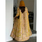 Abaya Ethnic Style Printed Pleated Coat Cape Shawl 2024 Spring/summer Big Collar Lace Up Cardigan Top Long Windbreaker Robe