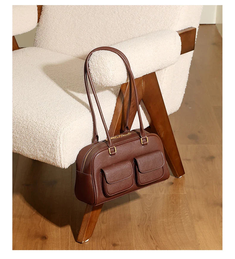 Burminsa Cowhide Genuine Leather Underarm Shoulder Bags For Women 2025 Luxury Designer Korean Bowling Tote Work Ladies Handbags