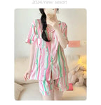 Cute Girl's Summer Cotton Linen ort Sve Nightgown Home Clothes Set Bear Print Gauze Spwear Simple Home Sle