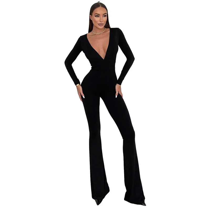 2025 Women Autumn Black Long Sleeve V Neck Jumpsuits Streetwear Bodycon Sexy Sporty Casual Rompers Fashion Overall Body Tops
