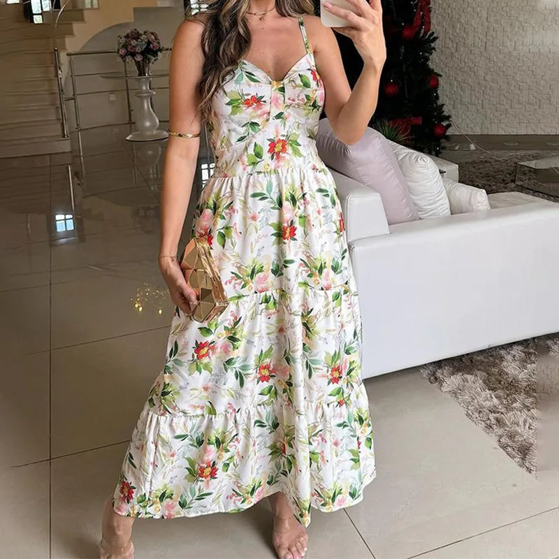 Bohemian Beach Sundresses For Women Fashion Floral Printed Sexy Sling Maxi Dresses Oversized Ladies Casual Long Dress