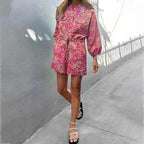 BAMBOOBOY Women Summer Long Sleeve Playsuit with Waist Elastic Band Casual Stand Collar Pocket Loose Wide Leg Short Jumpsuit