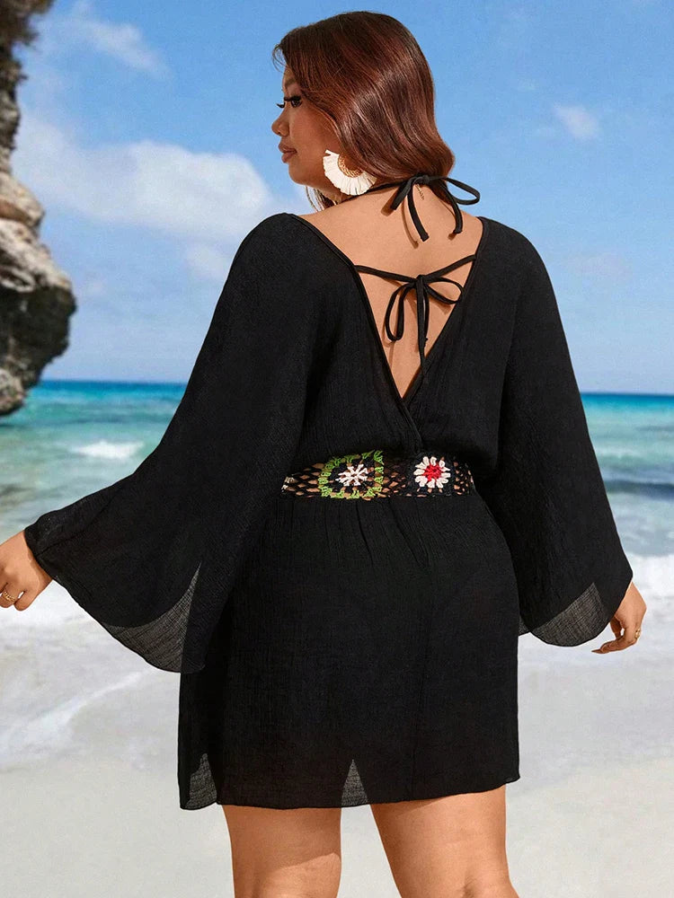 Bohemian Wind Plus Size Crochet Black CoverUp Mini Dress Sexy Hollow Tunic Beach Dress Bathing Suit Beachwear Cover Up Beachwear