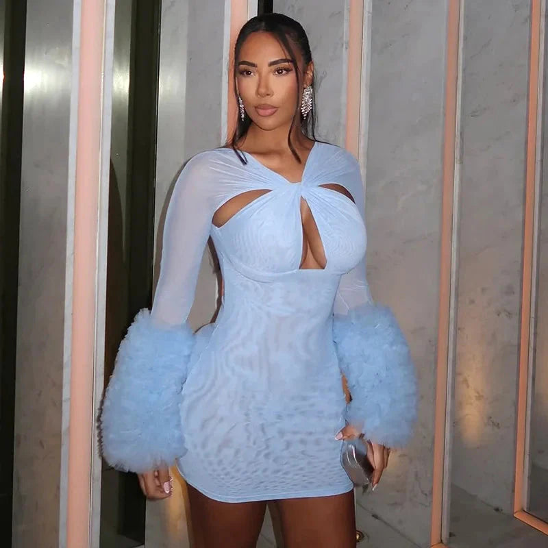 2025 Autumn Furry Patchwork Dress Women See Through Full Sleeve Sexy Hollow Cross Elegant Luxury Banquet Birthday Party Clubwear