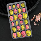 24Pcs Children Cartoon Nail Tips Colorful Cute Rabbit Pink Stars 6-14 Years old Girl Fake Nail With Jelly Glue Kids False Nail