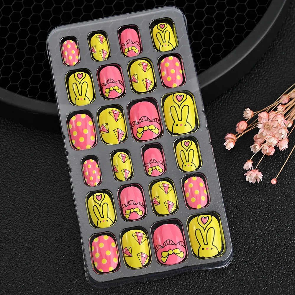 24Pcs Children Cartoon Nail Tips Colorful Cute Rabbit Pink Stars 6-14 Years old Girl Fake Nail With Jelly Glue Kids False Nail