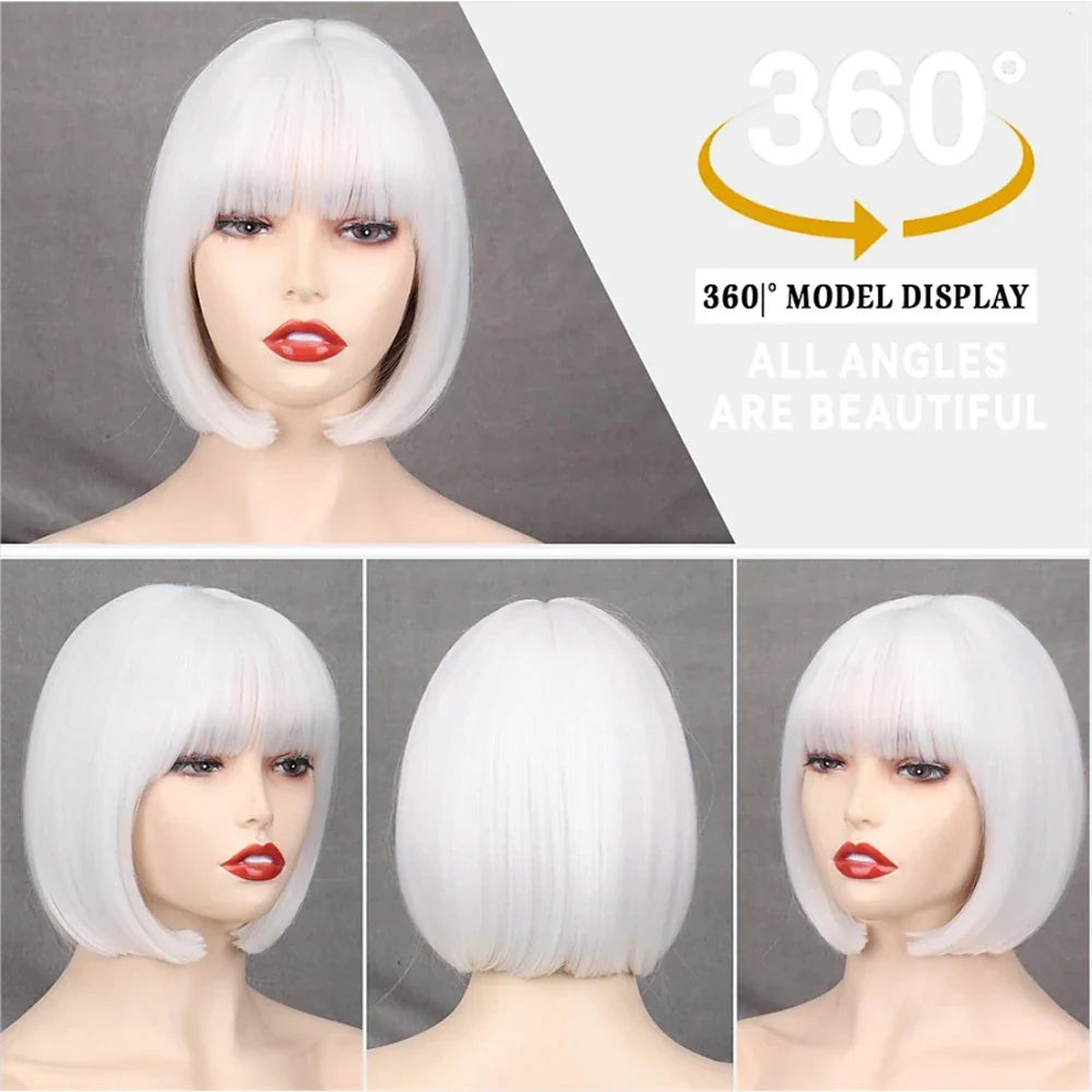 HAIRJOY Women Short  Straight  White Bob Wig with Bangs  Synthetic Hair for Daily Party Cosplay Halloween