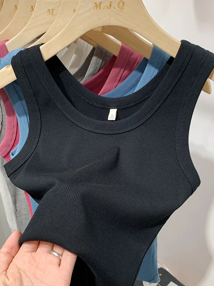 2025 Summer Women Sleeveless Tank Tops Fashion Crop Top O-neck Fitness Knitted Ribbed Vest Female Solid Camis Cropped Streetwear