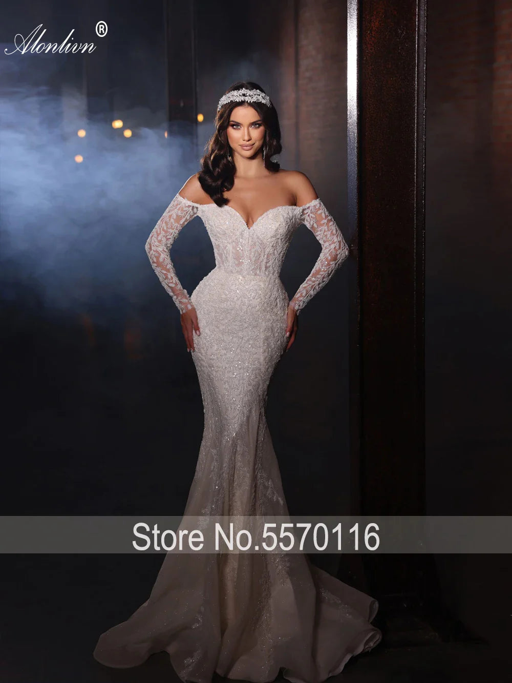 Alonlivn Luxurious Embroidery 2 In 1 Mermaid  Bridal Gown Beading Appliques Lace Off Shoulder Sleeves Sweetheart Wedding Dress