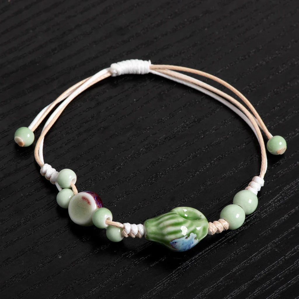 Ethnic Boho Handmade Ceramic Seashell Bracelet Adjustable Woven Vintage Jewelry Gift for Women S02-034