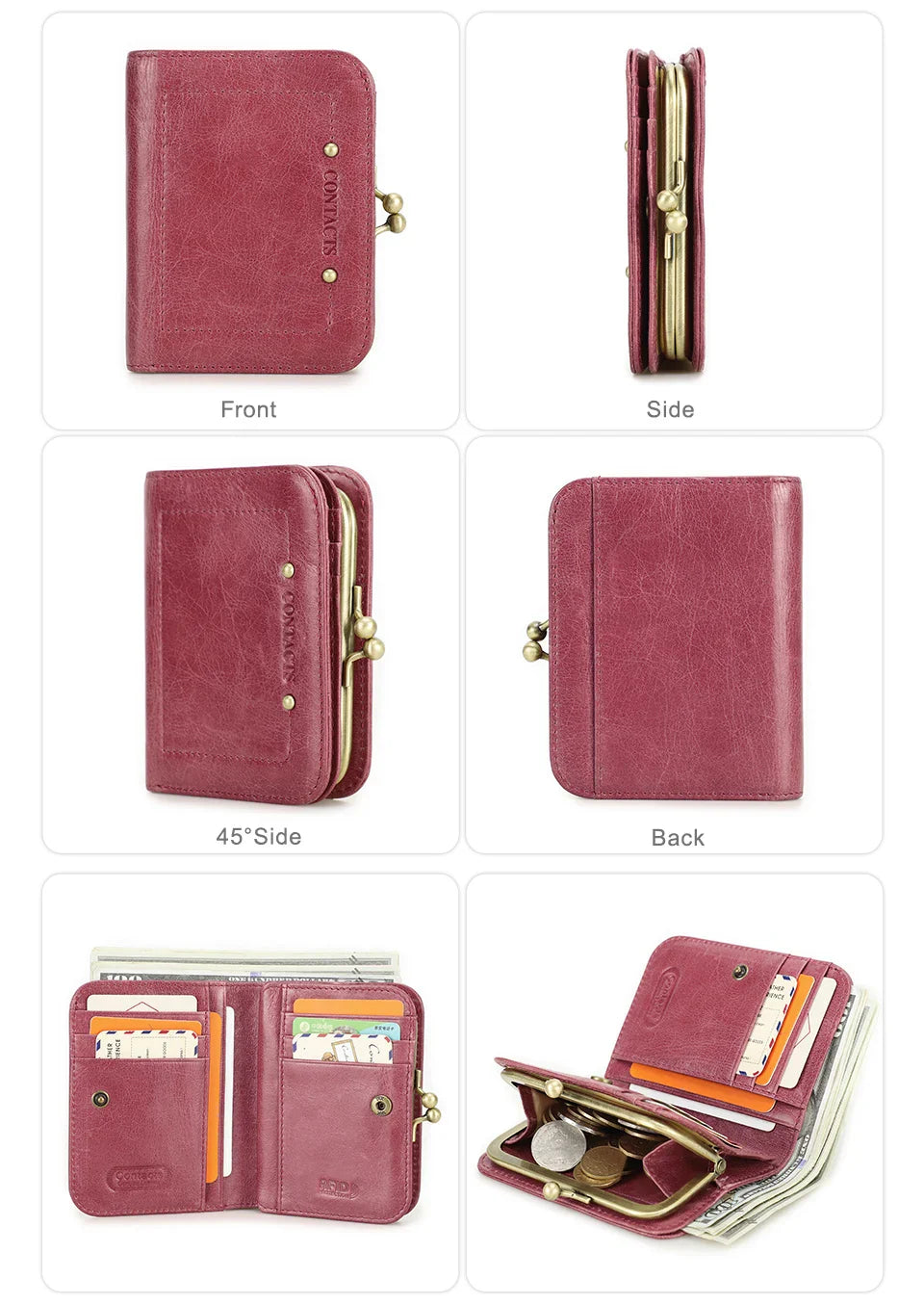 CONTACT'S Genuine Leather Short Wallets for Women Kiss Lock Classic Wallet Metal Frame Coin Purses Card Holder Money Clip Bags