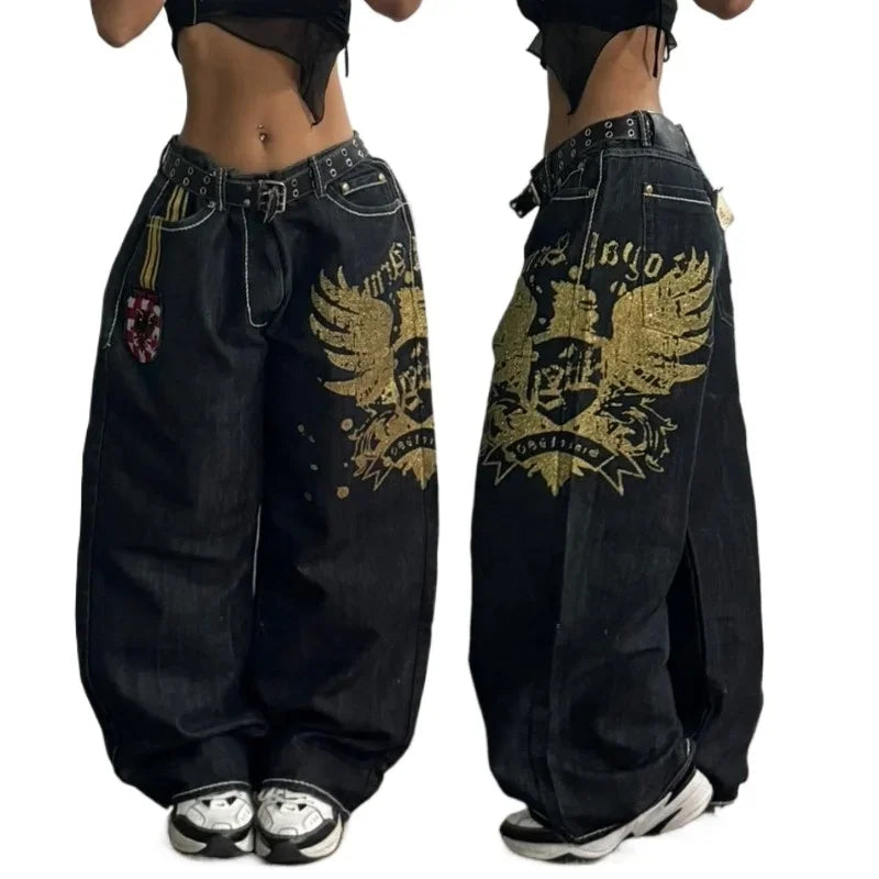 2000s Baggy Jeans Women New Harajuku Hip Hop Wing Print Oversized Jeans Gothic High Waist Wide Leg Pants Men Trousers Streetwear