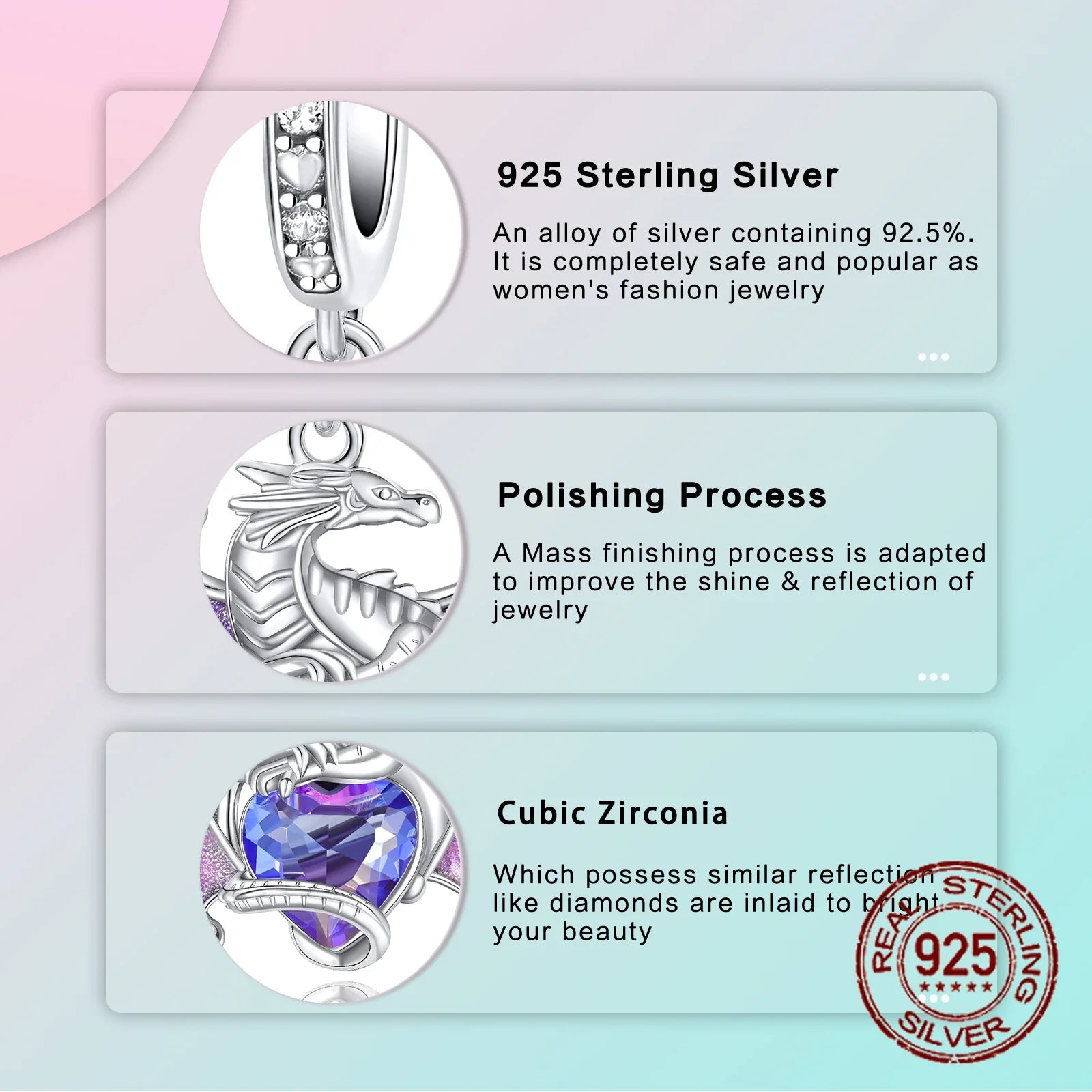 925 Sterling Silver Purple Dragon Flying Dragon Pendant Charm Fit Original Charms Bracelets Women DIY Jewelry Gift