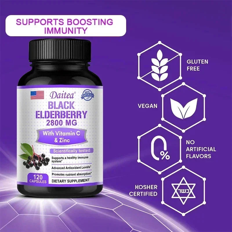 Black Elderberry 2800 Mg - with Vitamin C and Zinc, Immune System Support, Antioxidant Supplement, Skin Health Benefits